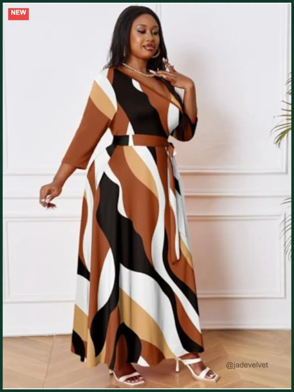 Women's Plus Size Maxi Dress V-Neck 3/4 Sleeve Floral Flowy with Pockets & Belt